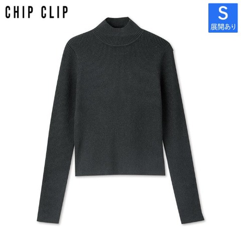 レディース【S～L】　袖口ボタンハイネックリブニットプルオーバー（CHIP CLIP）