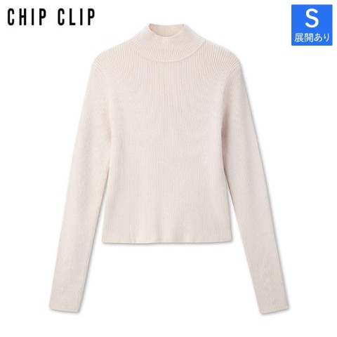 レディース【S～L】　袖口ボタンハイネックリブニットプルオーバー（CHIP CLIP）