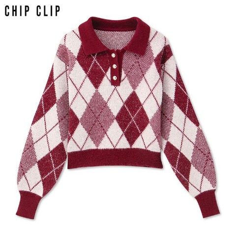レディース　襟付アーガイルニットプルオーバー（CHIP CLIP）