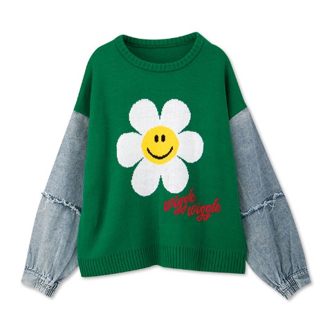 レディース　袖デニムニットプルオーバー（wiggle wiggle）