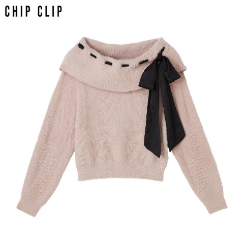 レディース　リボンオフショルニットプルオーバー（CHIP CLIP）