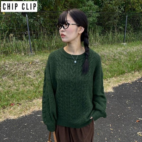 レディース　ケーブルニットプルオーバー（CHIP CLIP×ぽんづ）