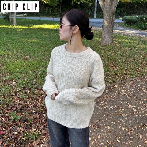 レディース　ケーブルニットプルオーバー（CHIP CLIP×ぽんづ） ベージュ 214