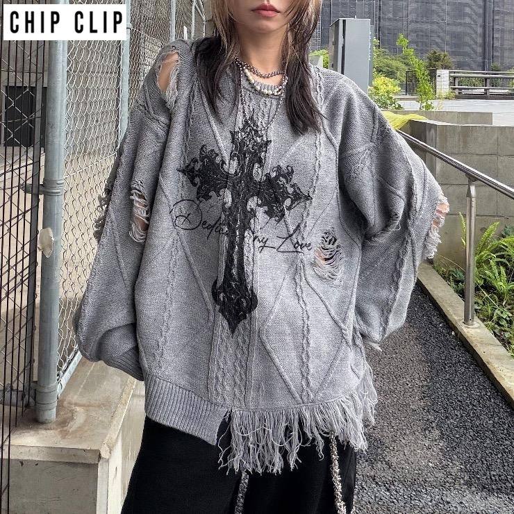 レディース ダメージニットプルオーバー（CHIP CLIP／Hinechi