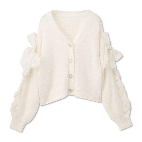 レディース　袖リボンシャギーカーディガン（CHIP CLIP）