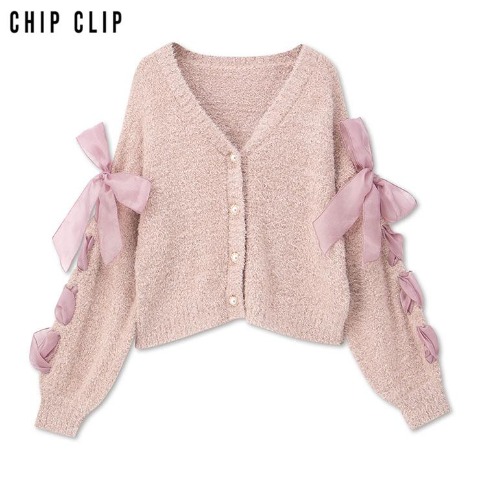レディース　袖リボンシャギーカーディガン（CHIP CLIP）