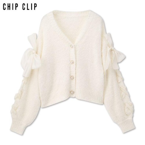 レディース　袖リボンシャギーカーディガン（CHIP CLIP）