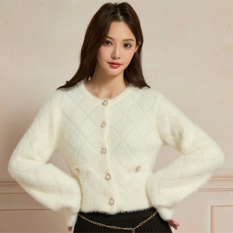 レディース　ダイヤ柄ニットカーディガン（Kim Sua.×CHIP CLIP）
