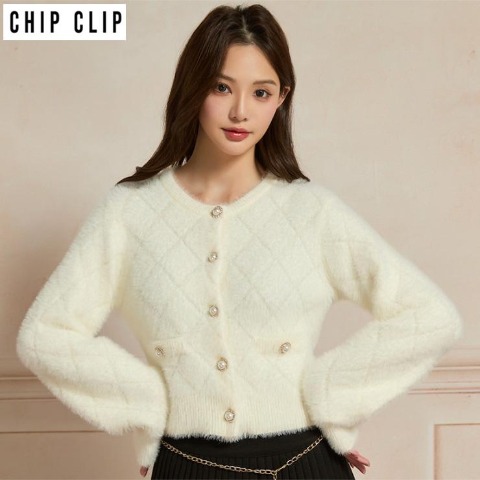 レディース　ダイヤ柄ニットカーディガン（Kim Sua.×CHIP CLIP） アイボリー 314