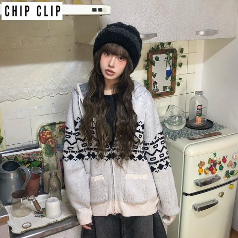 レディース　アーガイルニットジップパーカ（CHIP CLIP×はる）