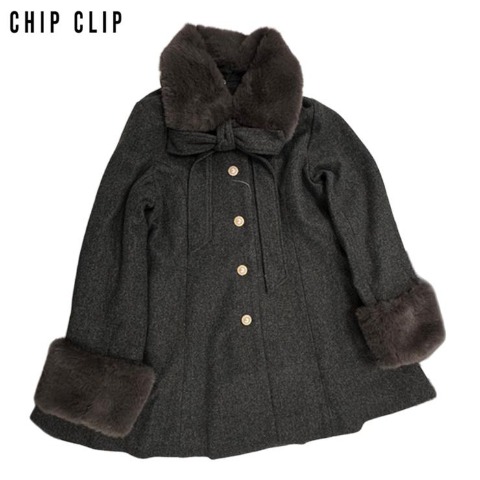 レディース　ファー付きリボンコート（Kim Sua.×CHIP CLIP） ダークグレー 112