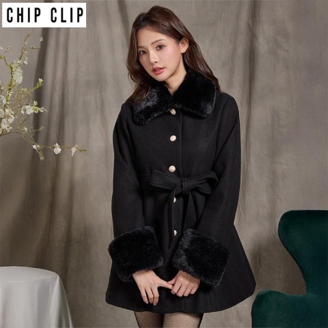 レディース　ファー付きリボンコート（Kim Sua.×CHIP CLIP）