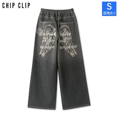 レディース【S～L】　羽プリントデニムパンツ（CHIP CLIP）