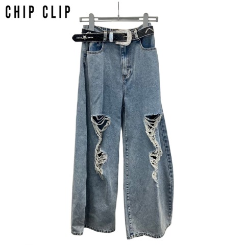 レディース　ベルト付ダメージパンツ（CHIP CLIP）