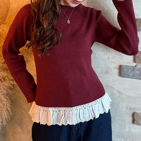 レディース　フリル付リブニットプルオーバー（bleu et rose×remi）