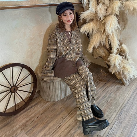 レディース　チェック柄配色切り替えジャケット（bleu et rose×remi）