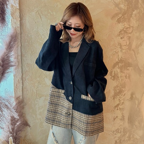 レディース　チェック柄配色切り替えジャケット（bleu et rose×remi）