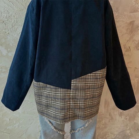 レディース　チェック柄配色切り替えジャケット（bleu et rose×remi）