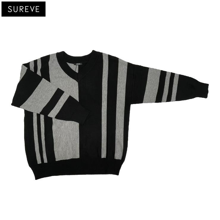 レディース ストライプ柄ドロショルニットプルオーバー（SUREVE