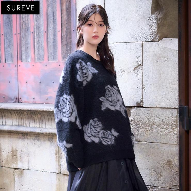 レディース ローズ柄シャギーニット（SUREVE BLACK） | アベイル