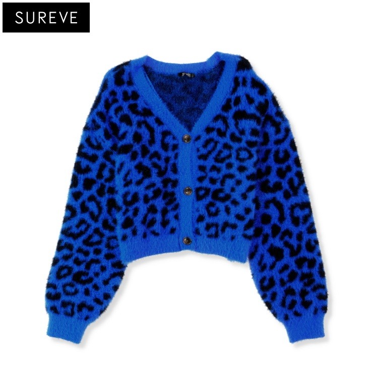 水色 ヒョウ柄 カーディガン レディース シャギーヒョウ柄カーディガン（SUREVE BLACK） | アベイル