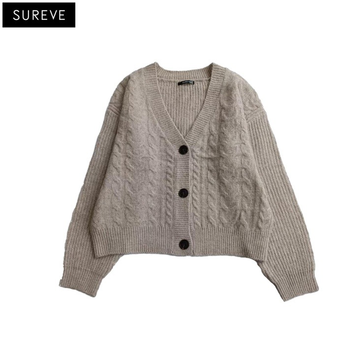 レディース Vネックショート丈ケーブルニットカーディガン（SUREVE