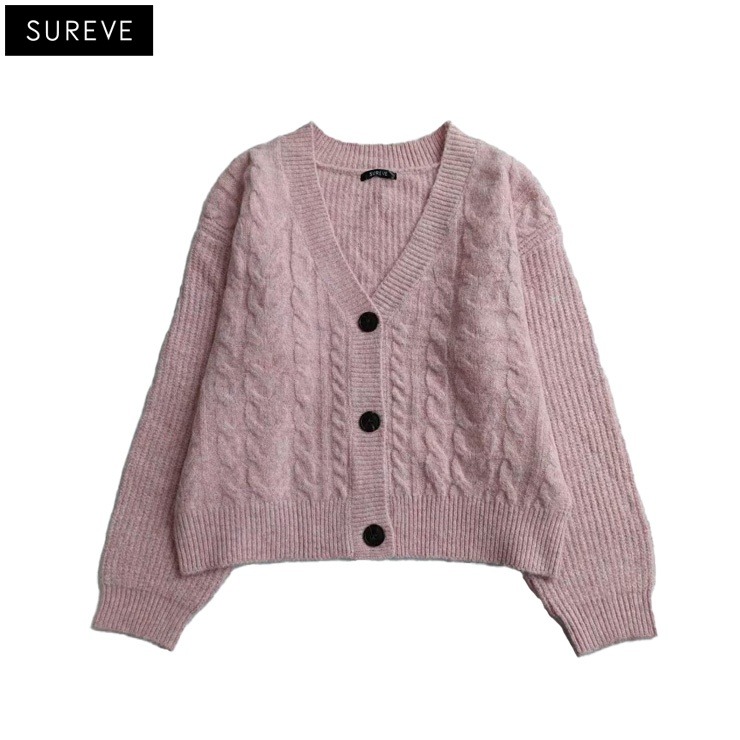 レディース Vネックショート丈ケーブルニットカーディガン（SUREVE