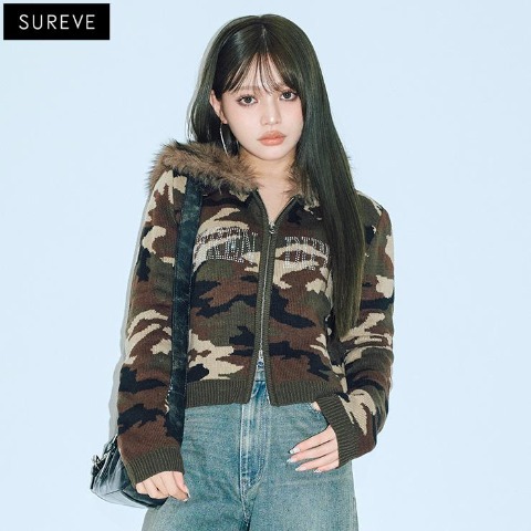 レディース フードファー迷彩ニットジップパーカ（SUREVE） | アベイル