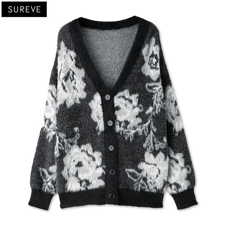 レディース シャギー花柄カーディガン（SUREVE BLACK） | アベイル