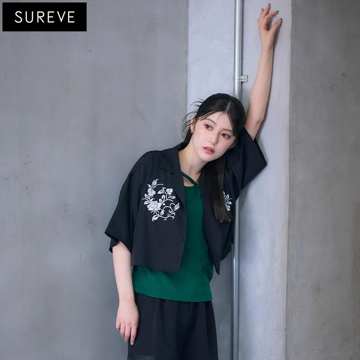 レディース ショート丈刺しゅう使いシャツ（SUREVE BLACK） | アベイル
