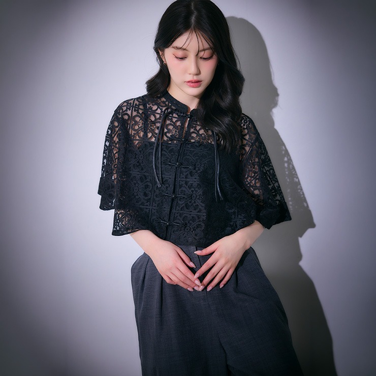 レディース チャイナボタンレースシャツ（SUREVE BLACK） | アベイル