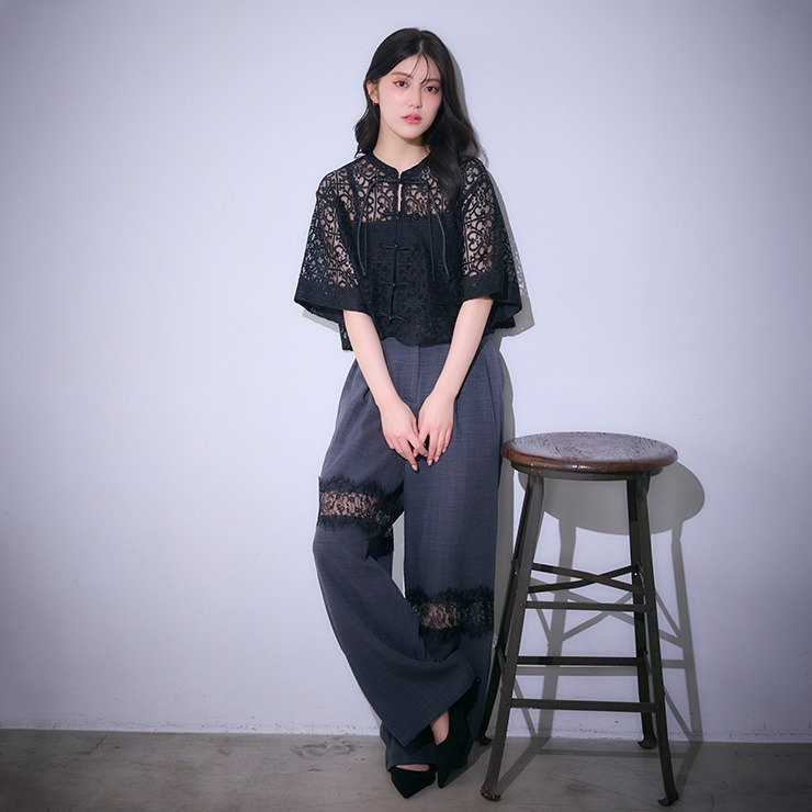 レディース チャイナボタンレースシャツ（SUREVE BLACK） | アベイル