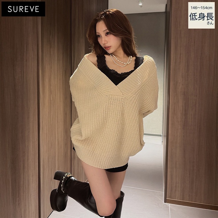 レディース【低身長】 Vネックニットミニワンピース（Shoko×SUREVE