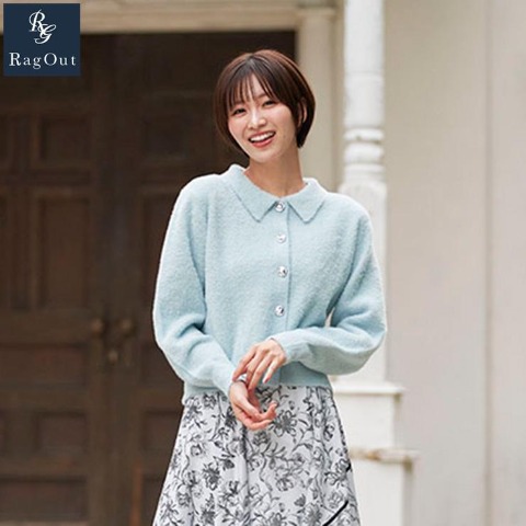 レディース　襟付ラメシャギーニットカーディガン（RagOut） ライトブルー 307