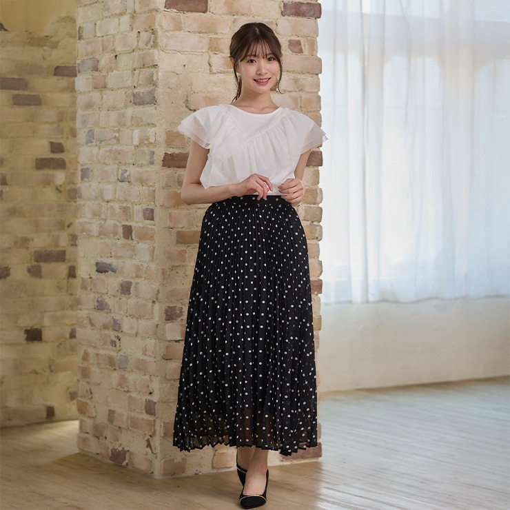 スカート バックスリットドット柄ロングスカート エルモリア プリーツ