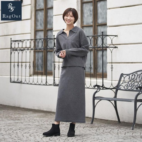 レディース　襟付きニットプルオーバー+スカートセット（RagOut）