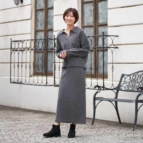 レディース　襟付きニットプルオーバー+スカートセット（RagOut）