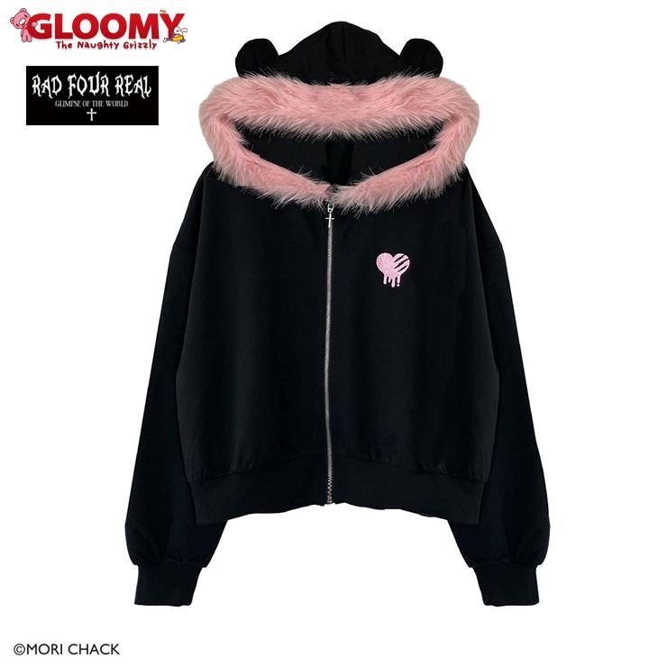 ファー付きフード 黒パーカー ピンクロゴ レディース フードファージップパーカ（GLOOMY×RAD FOUR REAL
