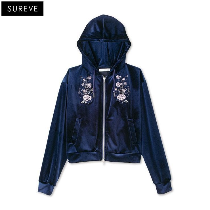 レディース【3L・4L】 ベロア刺しゅうジップパーカ（SUREVE BLACK
