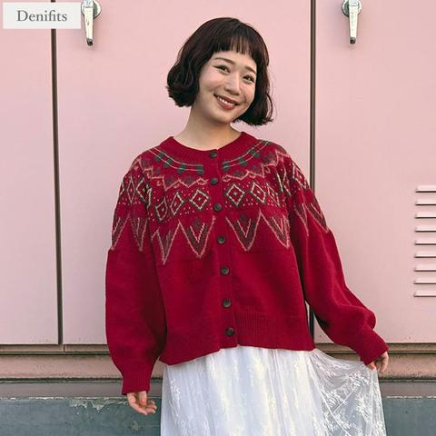 レディース　ノルディック柄ニットカーディガン（ごりちゃん×Denifits）