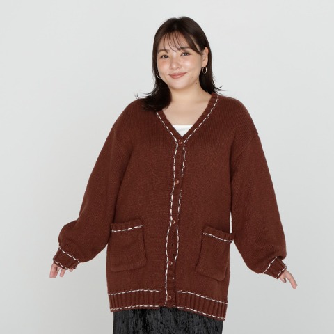 レディース　配色ステッチニットカーディガン（Denifits）