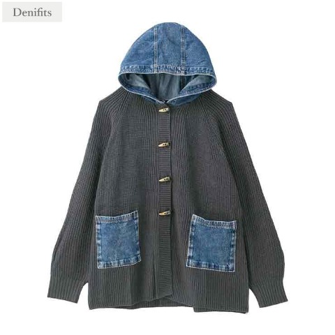 レディース　デニム使いフード付ニットカーディガン（Denifits）