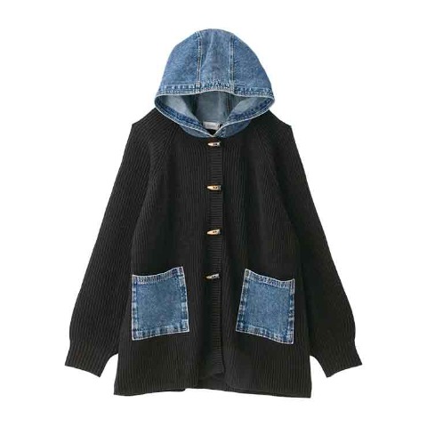 レディース　デニム使いフード付ニットカーディガン（Denifits）