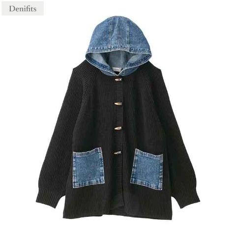レディース　デニム使いフード付ニットカーディガン（Denifits）