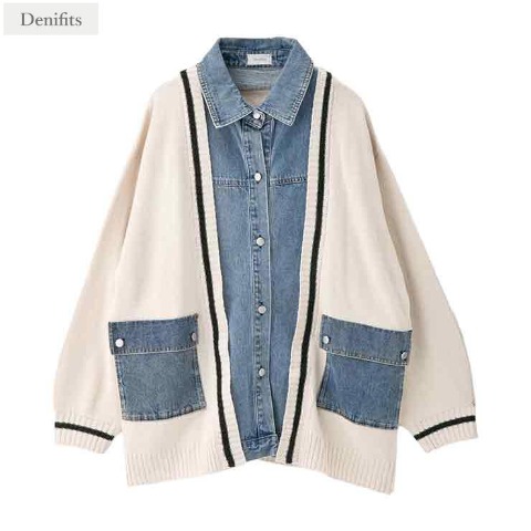 レディース　デニムシャツドッキングニットカーディガン（Denifits）