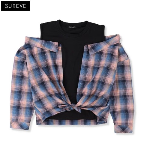レディース　裾結びチェックドッキングシャツ（SUREVE）