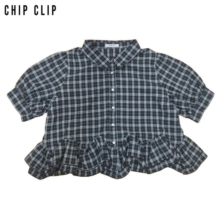 美品✨CHIP CLIP 長袖トップス 春夏 お洒落 ブラック 綺麗め フリル レディース【3L・4L】 チェック裾フリルブラウス（CHIP CLIP