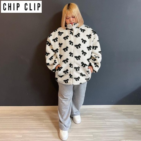 レディース　リボン柄ボアブルゾン（あいちゃん×CHIP CLIP）