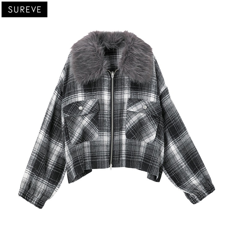 レディース【3L・4L】 ファー使いチェック柄ジャケット（SUREVE