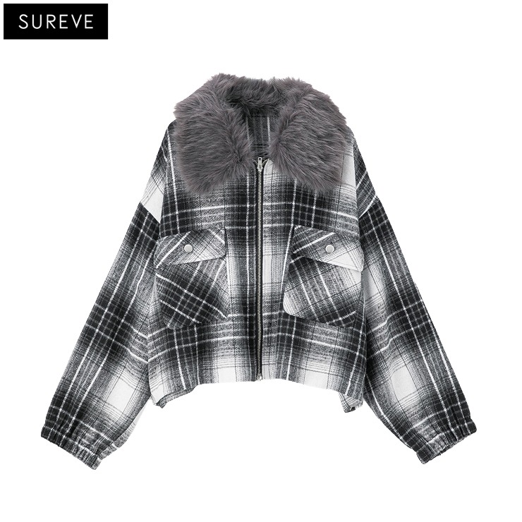 レディース【3L・4L】 ファー使いチェック柄ジャケット（SUREVE